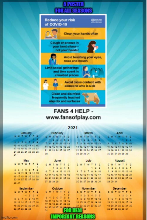 FANS 4 HELP Poster Calendar Kickstarter to Help Kick Covid Virus | A POSTER FOR ALL SEASONS; FOR REAL IMPORTANT REASONS | image tagged in fans 4 help | made w/ Imgflip meme maker