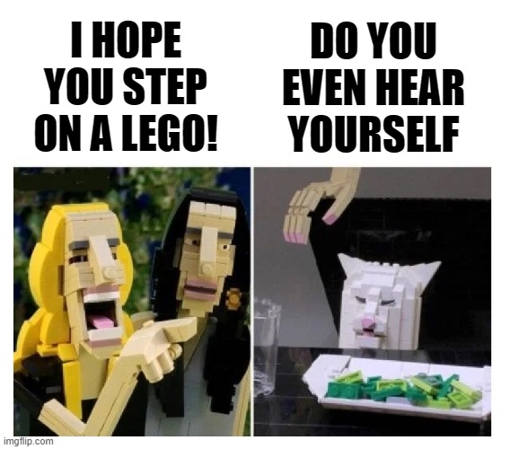I HOPE YOU STEP ON A LEGO! DO YOU EVEN HEAR YOURSELF | image tagged in lego,woman yelling at cat,woman yelling at a cat,lady yelling at cat,cats,funny | made w/ Imgflip meme maker