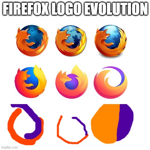 Firefox is getting worse and worse! | FIREFOX LOGO EVOLUTION | image tagged in firefox,blank white template,evolution,oh wow are you actually reading these tags | made w/ Imgflip meme maker