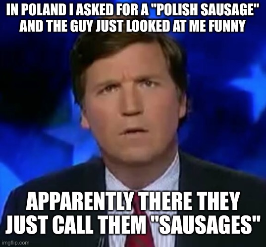 polish sausage |  IN POLAND I ASKED FOR A "POLISH SAUSAGE"
AND THE GUY JUST LOOKED AT ME FUNNY; APPARENTLY THERE THEY JUST CALL THEM "SAUSAGES" | image tagged in funny,meme,memes,funny memes,poland,polish | made w/ Imgflip meme maker