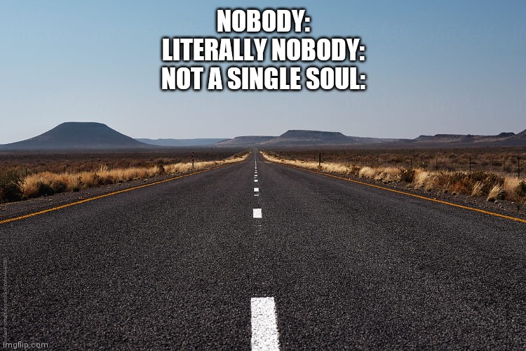 NOBODY:
LITERALLY NOBODY:
NOT A SINGLE SOUL: | image tagged in nobody,nobody absolutely no one | made w/ Imgflip meme maker
