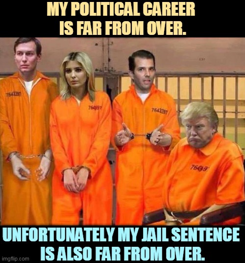 Lock 'em up! Lock 'em up! | MY POLITICAL CAREER 
IS FAR FROM OVER. UNFORTUNATELY MY JAIL SENTENCE 
IS ALSO FAR FROM OVER. | image tagged in trump,family,jail,birds | made w/ Imgflip meme maker