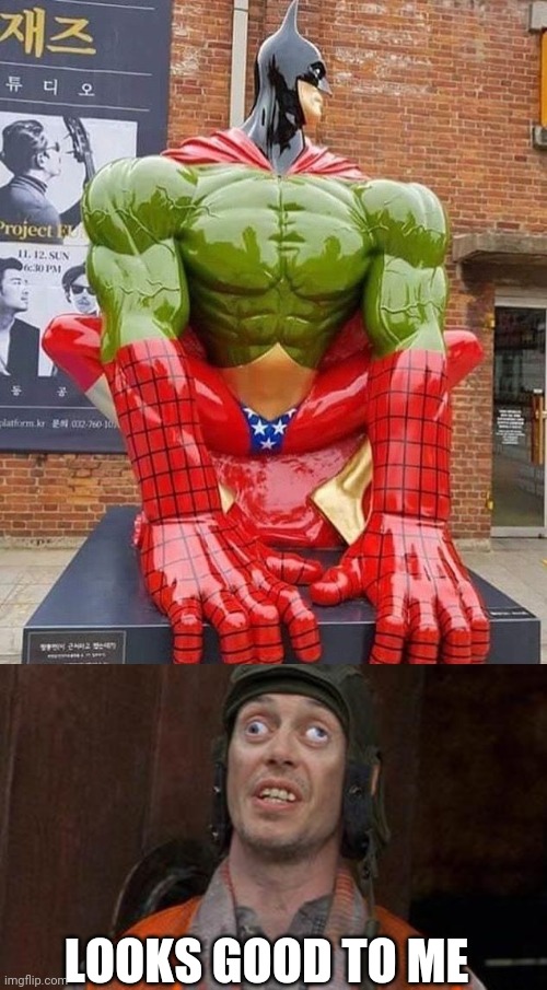 WTF? | LOOKS GOOD TO ME | image tagged in looks good to me,super hero,batman,hulk,spiderman | made w/ Imgflip meme maker