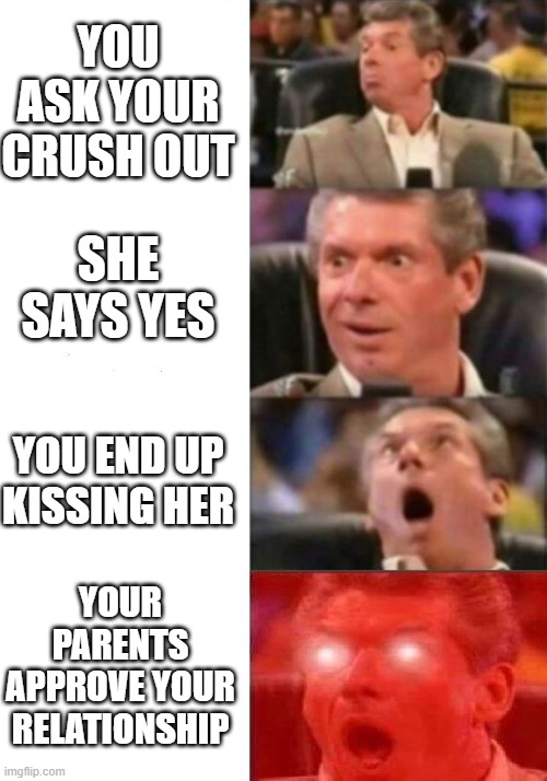 Mr. McMahon reaction | YOU ASK YOUR CRUSH OUT; SHE SAYS YES; YOU END UP KISSING HER; YOUR PARENTS APPROVE YOUR RELATIONSHIP | image tagged in mr mcmahon reaction | made w/ Imgflip meme maker