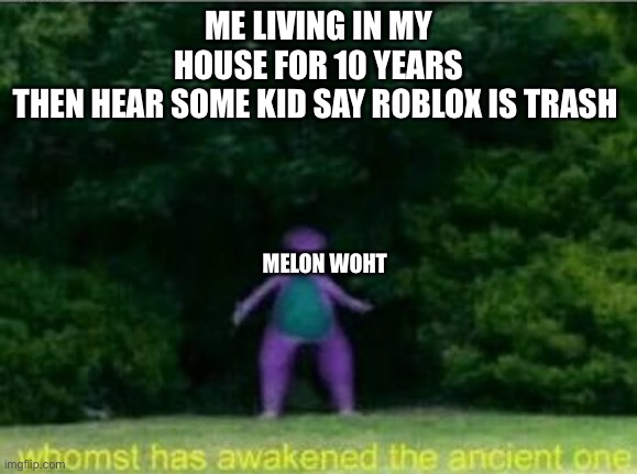 Lonely me part 1 | ME LIVING IN MY HOUSE FOR 10 YEARS THEN HEAR SOME KID SAY ROBLOX IS TRASH; MELON WOHT | image tagged in whomst has awakened the ancient one | made w/ Imgflip meme maker