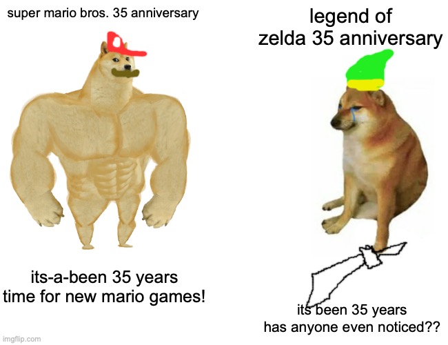 Buff Doge vs. Cheems Meme | super mario bros. 35 anniversary; legend of zelda 35 anniversary; its-a-been 35 years time for new mario games! its been 35 years has anyone even noticed?? | image tagged in memes,buff doge vs cheems | made w/ Imgflip meme maker