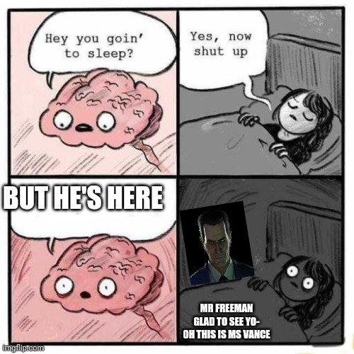 Gman creeping alyx vance | BUT HE'S HERE; MR FREEMAN GLAD TO SEE YO- OH THIS IS MS VANCE | image tagged in hey you going to sleep | made w/ Imgflip meme maker