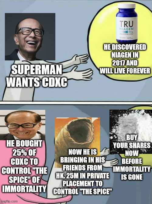 BATTLE FOR THE SPICE OF IMMORTALITY | HE DISCOVERED NIAGEN IN 2017 AND WILL LIVE FOREVER; SUPERMAN WANTS CDXC; BUY YOUR SHARES NOW BEFORE IMMORTALITY IS GONE; HE BOUGHT 25% OF CDXC TO CONTROL "THE SPICE" OF IMMORTALITY; NOW HE IS BRINGING IN HIS FRIENDS FROM HK. 25M IN PRIVATE PLACEMENT TO CONTROL "THE SPICE" | image tagged in memes,running away balloon | made w/ Imgflip meme maker