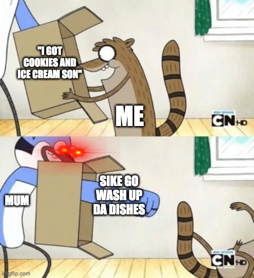 Mordecai Punches Rigby Through a Box | "I GOT COOKIES AND ICE CREAM SON"; ME; SIKE GO WASH UP DA DISHES; MUM | image tagged in mordecai punches rigby through a box | made w/ Imgflip meme maker