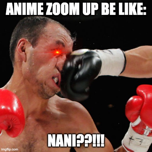 Boxer Getting Punched In The Face | ANIME ZOOM UP BE LIKE:; NANI??!!! | image tagged in boxer getting punched in the face | made w/ Imgflip meme maker