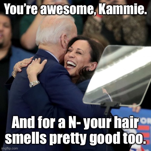 Joe Biden Kamala Harris | You’re awesome, Kammie. And for a N- your hair smells pretty good too. | image tagged in joe biden kamala harris | made w/ Imgflip meme maker