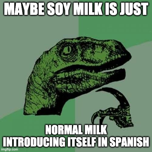 "Soy" milk | MAYBE SOY MILK IS JUST; NORMAL MILK INTRODUCING ITSELF IN SPANISH | image tagged in memes,philosoraptor | made w/ Imgflip meme maker