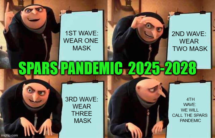 Gru's Plan Meme | 1ST WAVE:
WEAR ONE 
MASK; 2ND WAVE: 
WEAR 
TWO MASK; SPARS PANDEMIC  2025-2028; 3RD WAVE: 
WEAR 
THREE 
MASK; 4TH WAVE: 
WE WILL 
CALL THE SPARS 
PANDEMIC | image tagged in memes,gru's plan | made w/ Imgflip meme maker