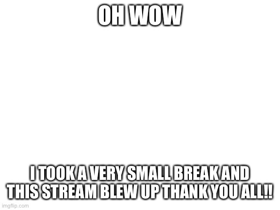 Blank White Template | OH WOW; I TOOK A VERY SMALL BREAK AND THIS STREAM BLEW UP THANK YOU ALL!! | image tagged in blank white template | made w/ Imgflip meme maker