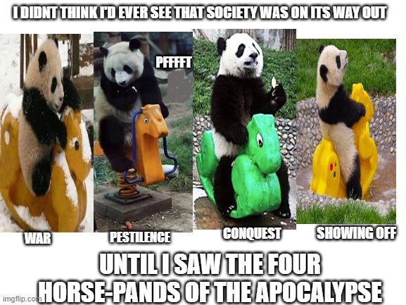 They rocked into town | I DIDNT THINK I'D EVER SEE THAT SOCIETY WAS ON ITS WAY OUT; PFFFFT; SHOWING OFF; PESTILENCE; CONQUEST; WAR; UNTIL I SAW THE FOUR HORSE-PANDS OF THE APOCALYPSE | image tagged in blank white template | made w/ Imgflip meme maker