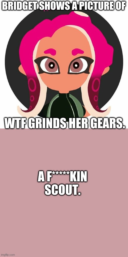 Bridget | BRIDGET SHOWS A PICTURE OF WTF GRINDS HER GEARS. A F*****KIN SCOUT. | image tagged in bridget | made w/ Imgflip meme maker