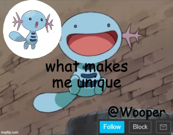 e | what makes me unique | image tagged in wooper template | made w/ Imgflip meme maker