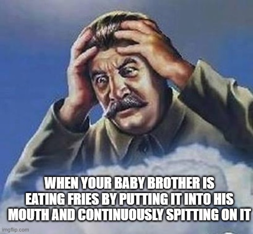 Worrying Stalin | WHEN YOUR BABY BROTHER IS EATING FRIES BY PUTTING IT INTO HIS MOUTH AND CONTINUOUSLY SPITTING ON IT | image tagged in worrying stalin | made w/ Imgflip meme maker