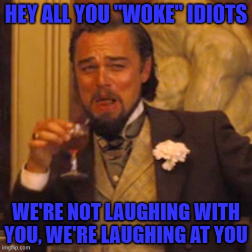 I have news for you, when you bow to them and apologize, they don't respect you. They think you're stupid. |  HEY ALL YOU "WOKE" IDIOTS; WE'RE NOT LAUGHING WITH YOU, WE'RE LAUGHING AT YOU | image tagged in memes,laughing leo | made w/ Imgflip meme maker