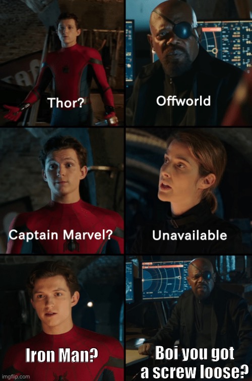 Thor off-world captain marvel unavailable | Boi you got a screw loose? Iron Man? | image tagged in thor off-world captain marvel unavailable | made w/ Imgflip meme maker