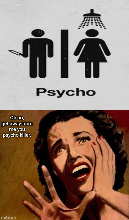 The psycho sign | Oh no, get away from me you psycho killer. | image tagged in lady screaming,dark humor,memes,psycho,shower,signs | made w/ Imgflip meme maker