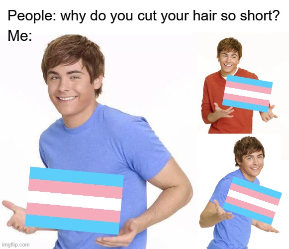 Cut your hair | People: why do you cut your hair so short? Me: | image tagged in zac efron,trans,gender | made w/ Imgflip meme maker