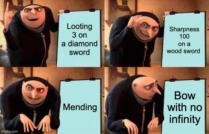 Gru's Plan Meme | Looting 3 on a diamond sword; Sharpness 100 on a wood sword; Mending; Bow with no infinity | image tagged in memes,gru's plan | made w/ Imgflip meme maker