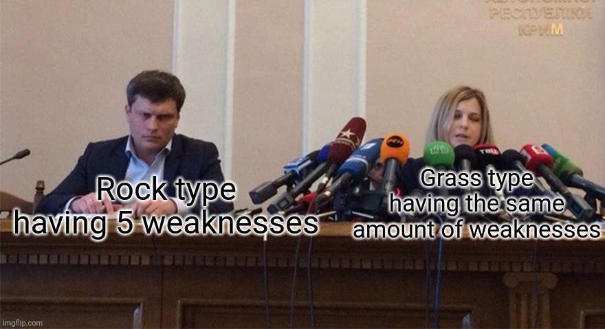 EEEEE | Rock type having 5 weaknesses; Grass type having the same amount of weaknesses | image tagged in man and woman microphone | made w/ Imgflip meme maker