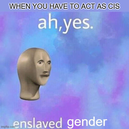 Ah yes, enslaved gender | WHEN YOU HAVE TO ACT AS CIS; gender | image tagged in ah yes enslaved meme template,gender,trans | made w/ Imgflip meme maker