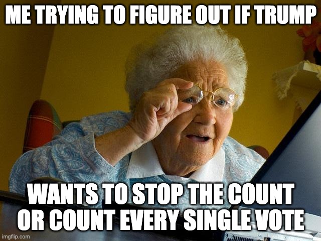 this mans needs sum help | ME TRYING TO FIGURE OUT IF TRUMP; WANTS TO STOP THE COUNT OR COUNT EVERY SINGLE VOTE | image tagged in memes,grandma finds the internet | made w/ Imgflip meme maker