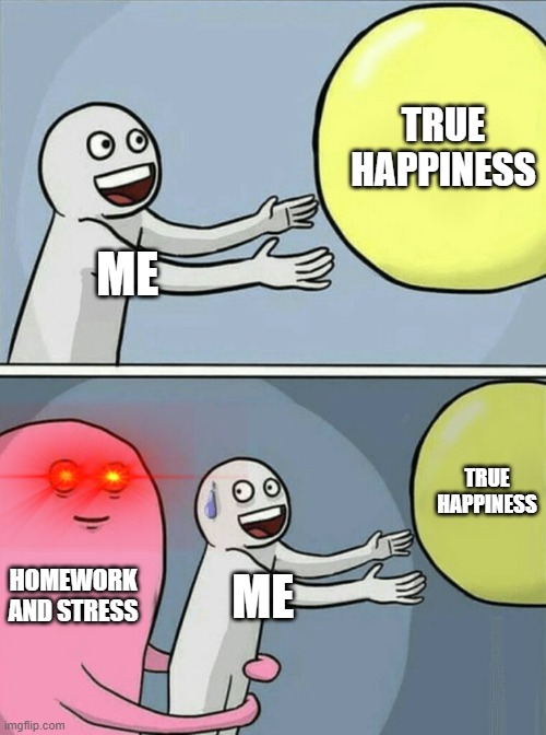 Running Away Balloon Meme | TRUE HAPPINESS; ME; TRUE HAPPINESS; HOMEWORK AND STRESS; ME | image tagged in memes,running away balloon | made w/ Imgflip meme maker