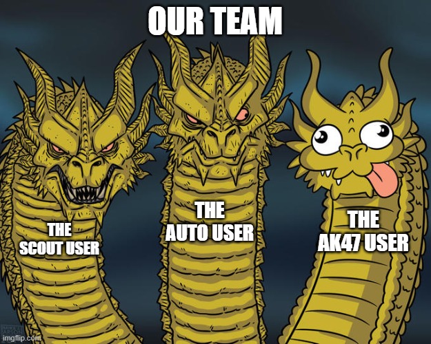 Three-headed Dragon | OUR TEAM; THE AUTO USER; THE AK47 USER; THE SCOUT USER | image tagged in three-headed dragon | made w/ Imgflip meme maker