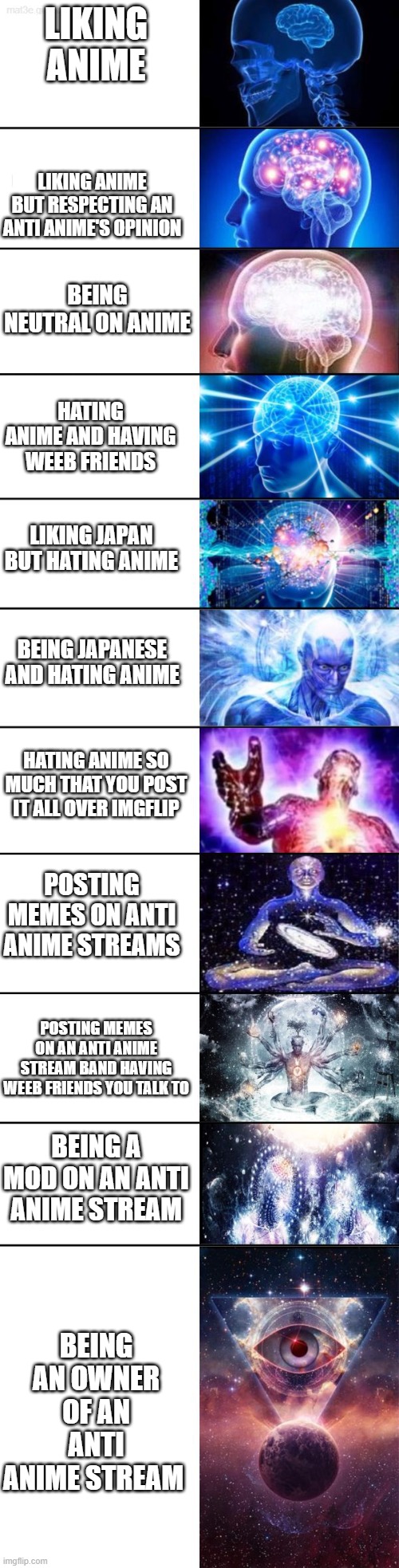 Extended Expanding Brain | LIKING ANIME; LIKING ANIME BUT RESPECTING AN ANTI ANIME'S OPINION; BEING NEUTRAL ON ANIME; HATING ANIME AND HAVING WEEB FRIENDS; LIKING JAPAN BUT HATING ANIME; BEING JAPANESE AND HATING ANIME; HATING ANIME SO MUCH THAT YOU POST IT ALL OVER IMGFLIP; POSTING MEMES ON ANTI ANIME STREAMS; POSTING MEMES ON AN ANTI ANIME STREAM BAND HAVING WEEB FRIENDS YOU TALK TO; BEING A MOD ON AN ANTI ANIME STREAM; BEING AN OWNER OF AN ANTI ANIME STREAM | image tagged in extended expanding brain | made w/ Imgflip meme maker