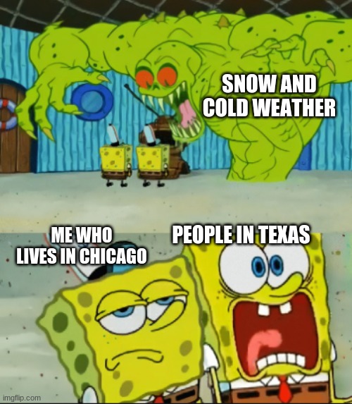 At this point, shoveling is like a daily chore for me | SNOW AND COLD WEATHER; PEOPLE IN TEXAS; ME WHO LIVES IN CHICAGO | image tagged in two spongebobs monster | made w/ Imgflip meme maker