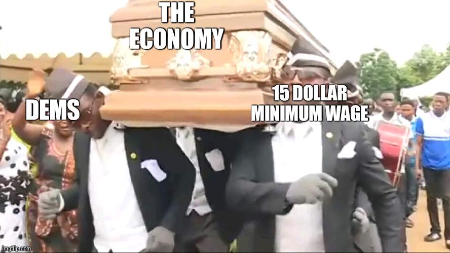 One employee must be payed 133,000 dollars a year and then you have tax and bills | THE ECONOMY; 15 DOLLAR MINIMUM WAGE; DEMS | image tagged in coffin dance,economy | made w/ Imgflip meme maker