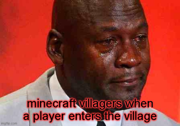 Those villagers just cant manage to keep their stuff | minecraft villagers when a player enters the village | image tagged in crying michael jordan | made w/ Imgflip meme maker