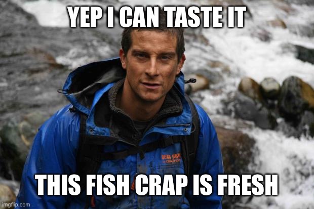 Bear Grills | YEP I CAN TASTE IT THIS FISH CRAP IS FRESH | image tagged in bear grills | made w/ Imgflip meme maker