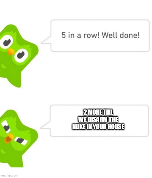 I'm f****d | 2 MORE TILL WE DISARM THE NUKE IN YOUR HOUSE | image tagged in duolingo 5 in a row | made w/ Imgflip meme maker