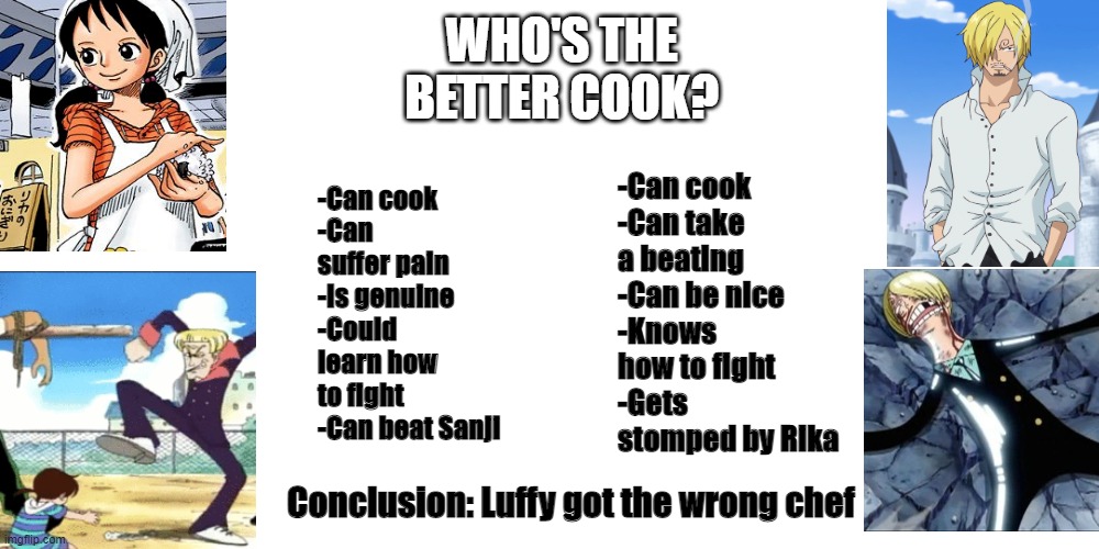 Who's the better cook? |  -Can cook
-Can suffer pain
-Is genuine
-Could learn how to fight
-Can beat Sanji; -Can cook
-Can take a beating
-Can be nice
-Knows how to fight
-Gets stomped by Rika; WHO'S THE BETTER COOK? Conclusion: Luffy got the wrong chef | image tagged in one piece,spoilers,sanji,cook | made w/ Imgflip meme maker