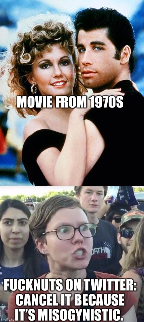 Grease and Twitterverse | MOVIE FROM 1970S; FUCKNUTS ON TWITTER: CANCEL IT BECAUSE IT’S MISOGYNISTIC. | image tagged in grease,triggered feminist | made w/ Imgflip meme maker