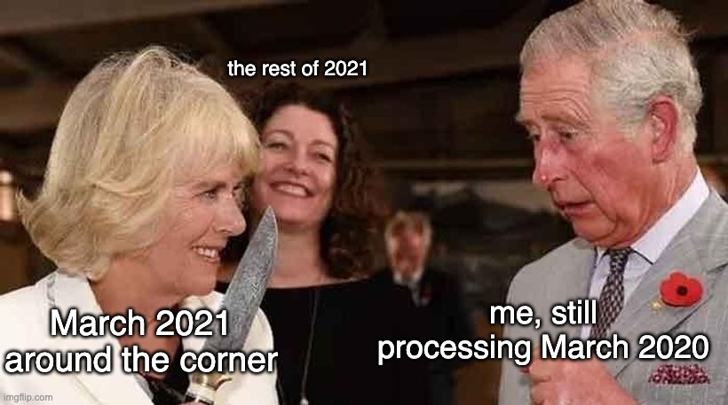 Camila and Charles meme | the rest of 2021; me, still processing March 2020; March 2021 around the corner | image tagged in camila and charles meme | made w/ Imgflip meme maker