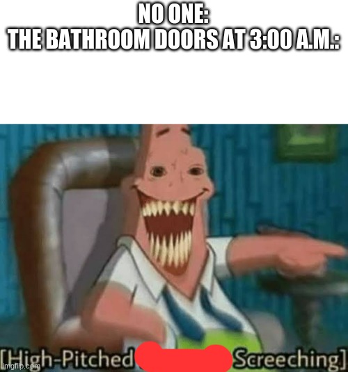 true tho | NO ONE:
THE BATHROOM DOORS AT 3:00 A.M.: | image tagged in high-pitched demonic screeching | made w/ Imgflip meme maker