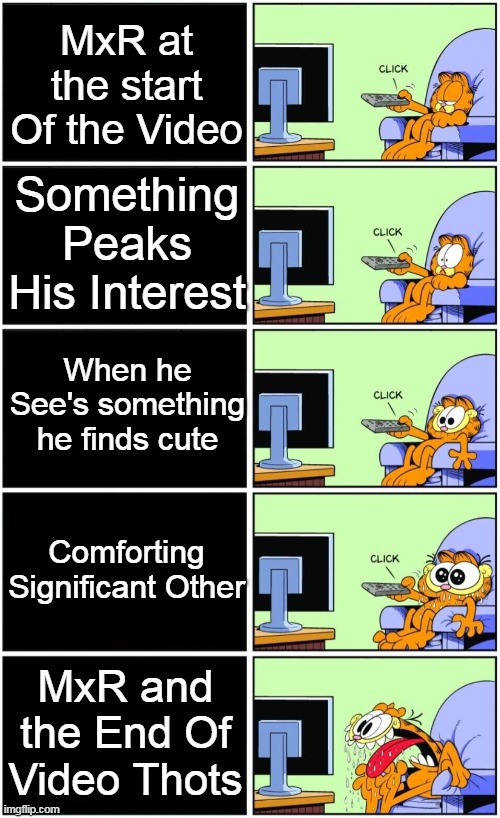 The Many Stages Of MxR | MxR at the start Of the Video; Something Peaks His Interest; When he See's something he finds cute; Comforting Significant Other; MxR and the End Of Video Thots | image tagged in garfield reaction | made w/ Imgflip meme maker