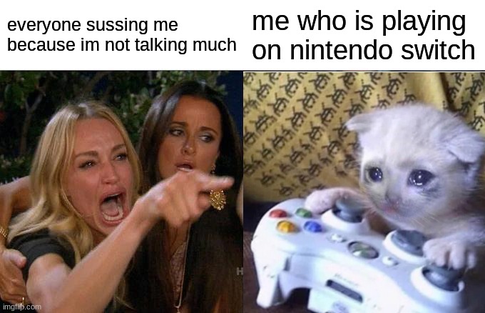 too true |  everyone sussing me because im not talking much; me who is playing on nintendo switch | image tagged in among us,cats | made w/ Imgflip meme maker