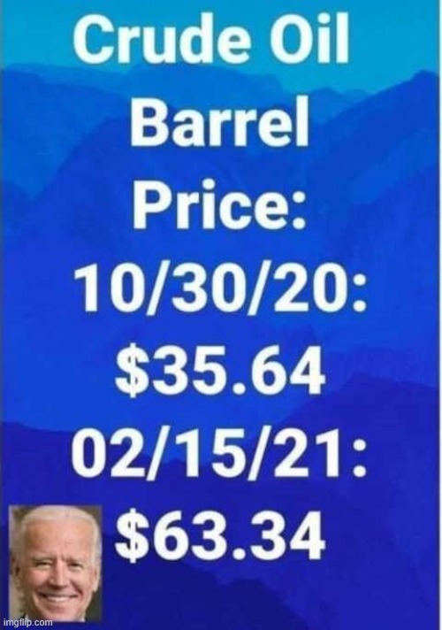 The Price of Crude now, compared to when Trump was in Office | image tagged in oil,prices,joe biden,donald trump,2020,2021 | made w/ Imgflip meme maker