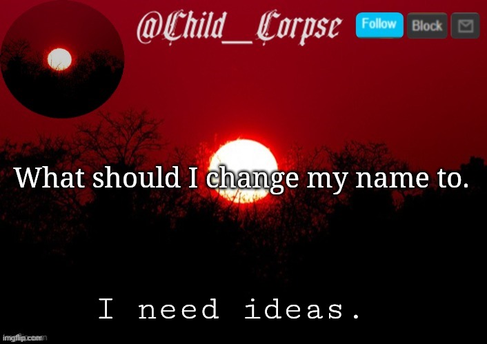 Child_Corpse announcement template | What should I change my name to. I need ideas. | image tagged in child_corpse announcement template | made w/ Imgflip meme maker