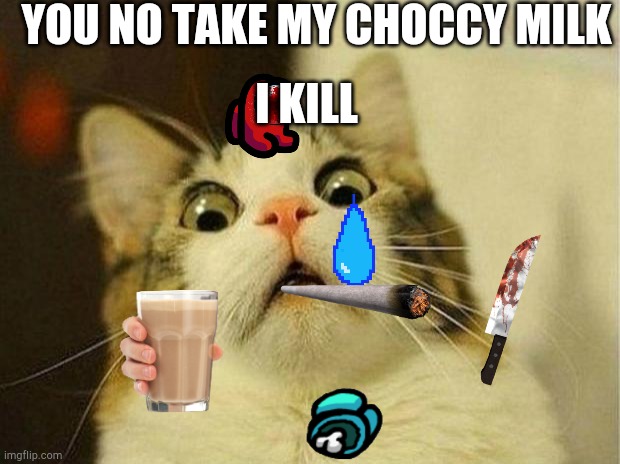 My sister forced me to make a meme. she's 7 | YOU NO TAKE MY CHOCCY MILK; I KILL | image tagged in memes,scared cat | made w/ Imgflip meme maker