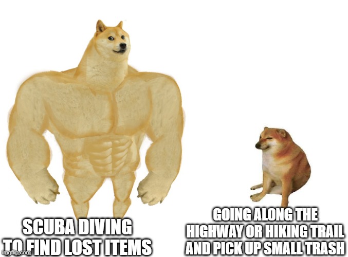 Big dog small dog | SCUBA DIVING TO FIND LOST ITEMS; GOING ALONG THE HIGHWAY OR HIKING TRAIL AND PICK UP SMALL TRASH | image tagged in big dog small dog | made w/ Imgflip meme maker