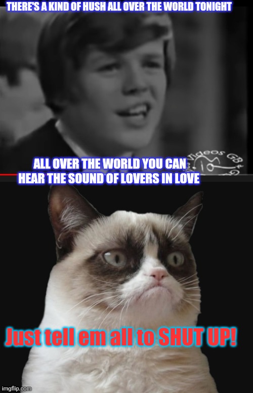 Herman's Hermits | THERE'S A KIND OF HUSH ALL OVER THE WORLD TONIGHT; ALL OVER THE WORLD YOU CAN HEAR THE SOUND OF LOVERS IN LOVE; Just tell em all to SHUT UP! | image tagged in classic rock,grumpy cat,rules | made w/ Imgflip meme maker
