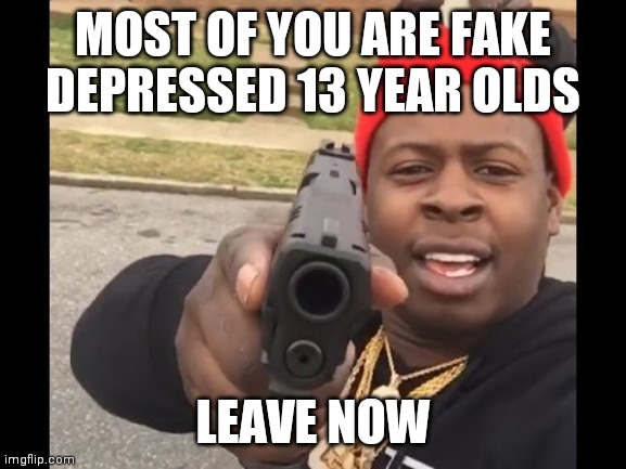 gun pointing meme | MOST OF YOU ARE FAKE DEPRESSED 13 YEAR OLDS; LEAVE NOW | image tagged in gun pointing meme | made w/ Imgflip meme maker